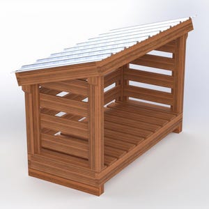 May include: A wooden shed with a sloped roof. The shed is constructed from brown wood and features a slatted design on the sides and floor. The roof is made of corrugated metal.