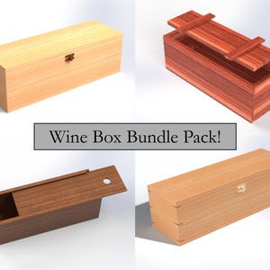 May include: Four wooden wine boxes in various designs. One is light-colored with a clasp, another is open with a lid, a third has a sliding lid, and the last is light-colored with a clasp. Text reads "Wine Box Bundle Pack!"