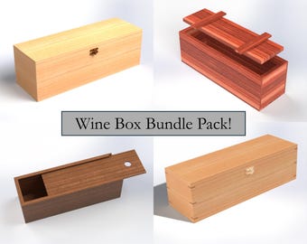 May include: Four wooden wine boxes in various designs. One is light-colored with a clasp, another is open with a lid, a third has a sliding lid, and the last is light-colored with a clasp. Text reads "Wine Box Bundle Pack!"
