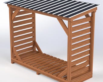 May include: A wooden firewood storage rack with a slatted base and sides. The rack has a pitched roof with alternating black and white stripes. The wood has a natural finish.