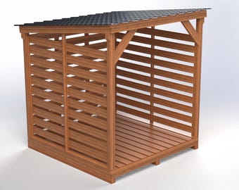 May include: A wooden shed with a slatted design and a slanted roof. The shed is constructed from brown wood and features a black roof. The design includes a slatted side and a slatted floor.