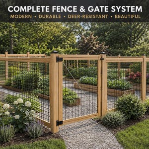 May include: A complete fence and gate system featuring light brown wooden posts and frames with a black wire grid mesh. The structure includes a central gate with black hinges and is labeled with the text COMPLETE FENCE & GATE SYSTEM.