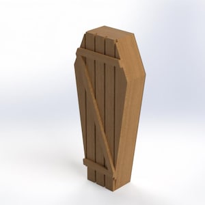 May include: A wooden coffin with a light brown finish. The coffin is constructed from vertical planks with a diagonal brace and horizontal supports. The design is a classic coffin shape, suitable for Halloween or gothic decor.