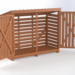 May include: A wooden firewood storage shed with a slatted design and two hinged doors. The shed is constructed from light brown wood and features a slatted roof. The doors have an X-shaped support.