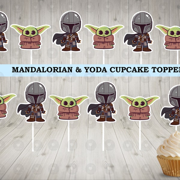 Yoda Mandolorian Cupcake Toppers, Birthday Cupcake Toppers, Party Cupcake Toppers