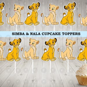 May include: Set of 10 cupcake toppers featuring Simba and Nala from Disney's The Lion King. The toppers are printed on cardstock and feature the characters in various poses. Simba & Nala Cupcake Toppers