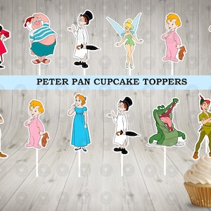 May include: Peter Pan cupcake toppers featuring characters from the Disney movie, including Peter Pan, Captain Hook, Tinkerbell, Wendy, and the crocodile. The toppers are printed on cardstock and are ready to be used on cupcakes.