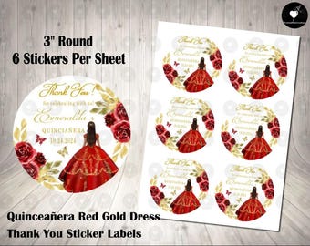 Quinceañera Thank You Labels: Red Gold Dress, 3" Round Stickers