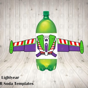 May include: Printable 2-litre soda bottle template featuring Buzz Lightyear from Toy Story. The template includes a green, purple and red design with Buzz Lightyear's face and wings.