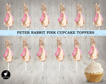 Peter Rabbit Pink Cupcake Toppers, Birthday Cupcake Toppers, Party Cupcake Toppers