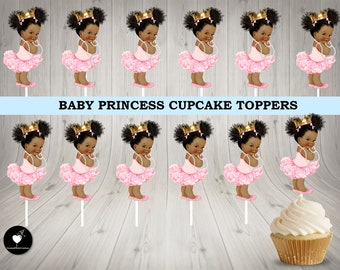 Princess Afro Baby Cupcake Toppers: Pink Tutu, Gold Crown