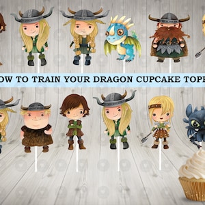 May include: How to Train Your Dragon cupcake toppers featuring characters from the movie, including Hiccup, Astrid, Toothless, and more. The toppers are printed on cardstock and come with sticks for easy assembly.