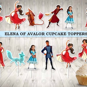 May include: Elena of Avalor cupcake toppers featuring characters from the Disney Junior animated series. The toppers include Elena, Isabel, Mateo, Naomi, and the characters' animal companions. The toppers are printed on cardstock and are ready to be used on cupcakes.