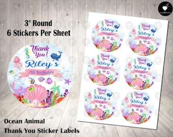 Sea Animals Birthday Thank You Labels - 3" Round Stickers