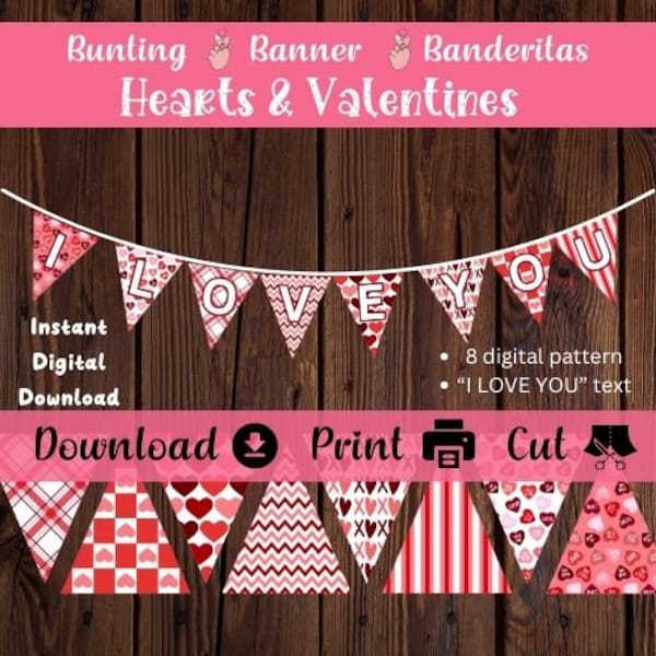 Printable Valentine's Day Bunting Banner Flags |Pink Valentine School Bulletin Board Display Flags | Valentine Party |Valentine's Banderitas