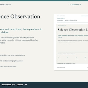 May include: A printable Science Observation Lab teaching resource for grades 3-5. The document features the title Science Observation Lab, text about paper drops and ramp trials, and sections for teacher notes, data records, and student graphing space.