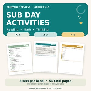 Emergency Sub Plans K-5 Activity Pack, Reading Math & Thinking Review, 3 Sets, 54-Page Printable PDF