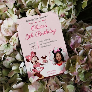 Faire-part d'anniversaire Minnie personnalisé pour filles, invitation à une fête d'anniversaire Minnie Mouse, OH TWODLES, faire-part Minnie rose, mm, carte d'anniversaire Minnie