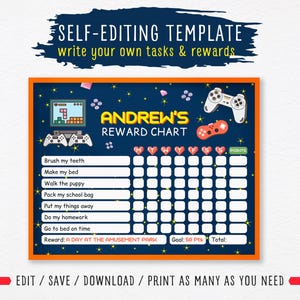 May include: A blue and orange printable reward chart for children with a video game theme. The chart has a space for a child's name, a list of tasks, and a grid for tracking points. The reward is a day at the amusement park.