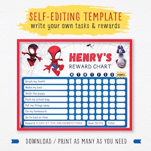 Puede incluir: Un cuadro de recompensas con marco rojo, con personajes de Spider-Man. El cuadro incluye espacios para tareas como cepillarse los dientes y hacer la cama, con un objetivo de 50 puntos. El texto superior dice "SELF-EDITING TEMPLATE write your own tasks & rewards".