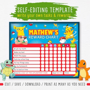 Tableau des récompenses MODIFIABLE Pikachu, tableau des récompenses du comportement Pokémon pour les enfants, tableau des tâches ménagères, liste de contrôle modifiable quotidiennement, tableau des récompenses imprimable pour garçon