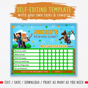 EDITIERBARE Belohnungstabelle Minecraft, Verhaltensbelohnungstabelle für Kind, Videospiel-Jungen, tägliche bearbeitbare Checkliste, druckbare Belohnungstabelle für Jungen