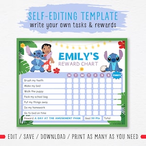 EDITABLE Reward Chart Lilo & Stich,Behavior Reward Chart for Kids,Lili Stitch Chore Chart,Daily Editable Checklist,Printable Reward Chart
