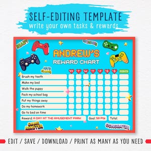 May include: A printable reward chart for children featuring a blue and red background with a video game theme. The chart has a space for a child's name, a list of tasks, and a grid for tracking progress. The chart also includes a reward section with a space for a reward description and a goal of 50 points.