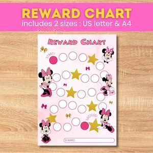 Tableau des récompenses Minnie Mouse, tableau d'autocollants pour enfants, tableau apprentissage de la propreté pour fille, téléchargement immédiat tableau des récompenses, tableau imprimable des récompenses Minnie
