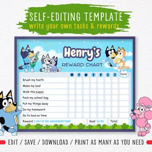 EDITIERBARE Belohnungstabelle Bluey, Verhaltensbelohnungstabelle für Kinder, Blauwelpen-Job-Chart, täglich bearbeitbare Checkliste Bingo, Mini-Job-Chart für Jungen / Mädchen