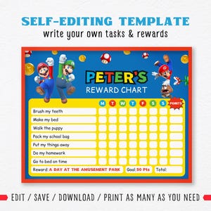 EDITIERBARE Belohnungstabelle Super Mario, Verhaltensbelohnungstabelle für Kinder, Mario & Luigi Aufgabentabelle, täglich editierbare Checkliste, druckbare Belohnungstabelle
