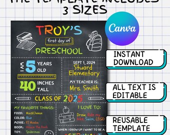 First Day of School Printable,Boy  Child Kindergarten,Preschool,1st Day of School,Back to School Digital File,EDITABLE TEMPLATE,Reusable