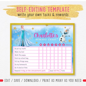 EDITABLE Reward Chart Frozen,Behavior Reward Chart for girls,Chore Chart,Daily Editable Checklist,Printable Reward Chart Elsa Olaf Anna
