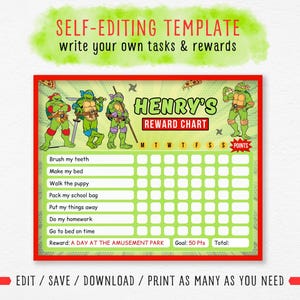 May include: A colorful reward chart featuring the Teenage Mutant Ninja Turtles. The chart is red-framed with green and white sections for tasks and rewards. Text includes "HENRY'S REWARD CHART" and "SELF-EDITING TEMPLATE".
