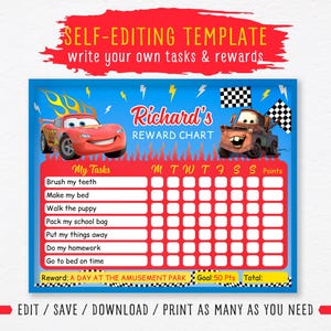 EDITIERBARE Belohnungstabelle Cars Pixar, Belohnungstabelle für Kinder, Lightning McQueen Chore Chart, täglich editierbare Checkliste, druckbare Belohnungstabelle für Jungen