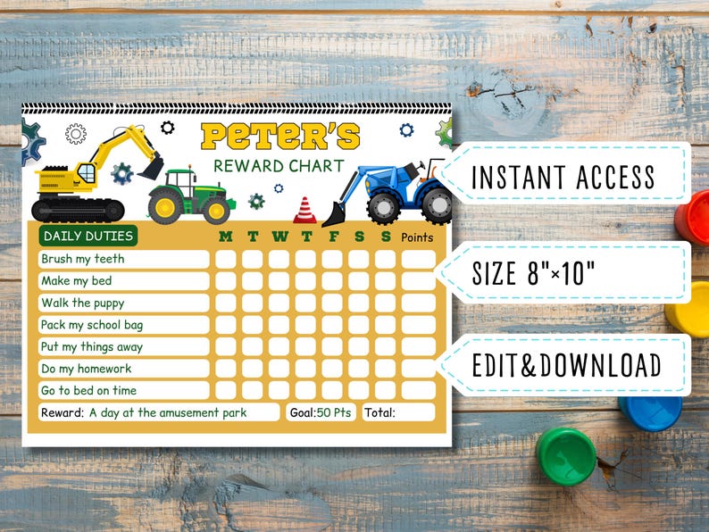 Construction Excavator Reward Chart For Kids - 10 Charts & 206 Star Stickers For Chores & Behavior