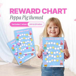 May include: A light blue reward chart featuring Peppa Pig characters, stars, and circles. The chart includes the text "REWARD CHART Peppa Pig themed" and "Includes 2 sizes A4 & US letter". A young girl is holding the chart.