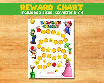 Tabla de recompensas de Super Mario, tabla de pegatinas para niños, tabla de entrenamiento para ir al baño para niños, tabla de recompensas de descarga instantánea, tabla de recompensas de Mario imprimible