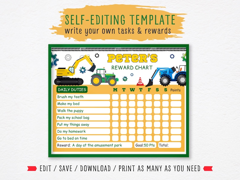 EDITABLE Tractor Reward Chart,tractor Potty Chart,chore Chart Boys ...