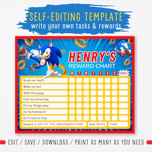 EDITIERBARE Belohnungstabelle Sonic, Verhaltensbelohnungstabelle für Kinder, Sonic the Hedgehog Chore Chart, täglich bearbeitbare Checkliste, druckbare Belohnungstabelle