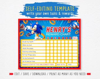 EDITABLE Reward Chart Sonic,Behavior Reward Chart for Kids,Sonic the Hedgehog Chore Chart,Daily Editable Checklist,Printable Reward Chart