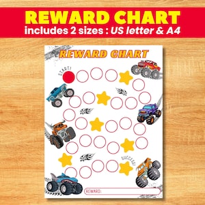 Puede incluir: Un gráfico de recompensas imprimible con temática de monster trucks con una sección de inicio y éxito. El gráfico tiene 20 círculos para colorear y un espacio para escribir una recompensa.