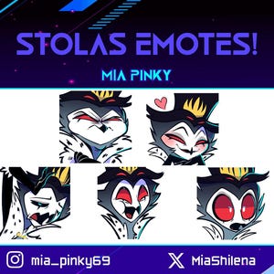 May include: A digital art graphic featuring five Stolas emotes with various expressions. The text "STOLAS EMOTES!" and "MIA PINKY" are displayed at the top. Social media handles are at the bottom, with a dark blue and purple background.