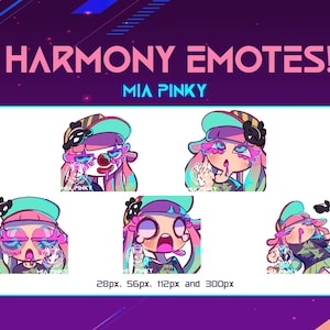 May include: Four digital illustrations of a cartoon character with pink hair, wearing a green and blue hat, sunglasses, and a green and black shirt. The character has different facial expressions, including crying, surprised, and sad. The text "HARMONY EMOTES! MIA PINKY" is at the top of the image. The text "28px, 56px, 112px and 300px" is at the bottom of the image.