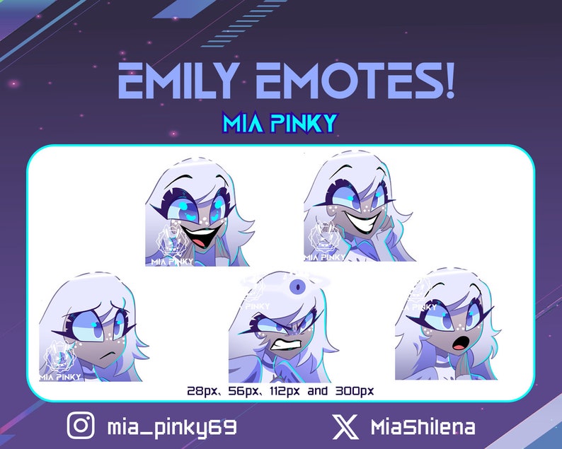 May include: Five different animated emotes featuring a white-haired character with blue eyes. The character has different facial expressions, including smiling, surprised, and angry. The emotes are labeled "MIA PINKY" and are available in sizes 28px, 56px, 112px, and 300px. The text "mia_pinky69" and "MiaShilena" are also included in the image.