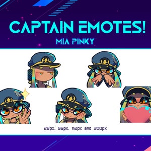 May include: A set of five digital illustrations featuring a cartoon character with blue hair, wearing a blue and gold captain's hat. The character is shown with different expressions, including a surprised look, a shy look, a wink, and a heart-shaped expression. The text "CAPTAIN EMOTES! MIA PINKY" is displayed above the illustrations. The text "28px, 56px, 112px and 300px" is displayed below the illustrations.
