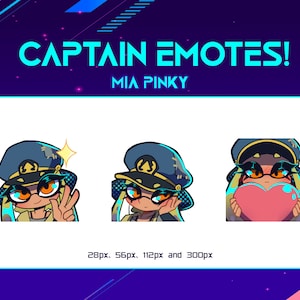 May include: Three animated emotes featuring a character with blue and yellow hair wearing a blue and gold captain's hat. The character is shown with different expressions, including a smile, a blush, and holding a pink heart. The text "CAPTAIN EMOTES! MIA PINKY" is displayed above the emotes.