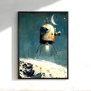 May include: A vintage-style illustration of a spacecraft landing on the moon. The spacecraft is white with red and orange accents and has a round, domed top. The moon's surface is depicted in shades of gray and white, with a starry sky in the background.