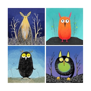 4 kleurrijke cadeaukaartjes en kaartjes voor kleine wezens voor kinderen, opfleurende cadeauverpakking, feestbedankjespakketten. Gebruik als leuke decoratie. Digitaal downloaden