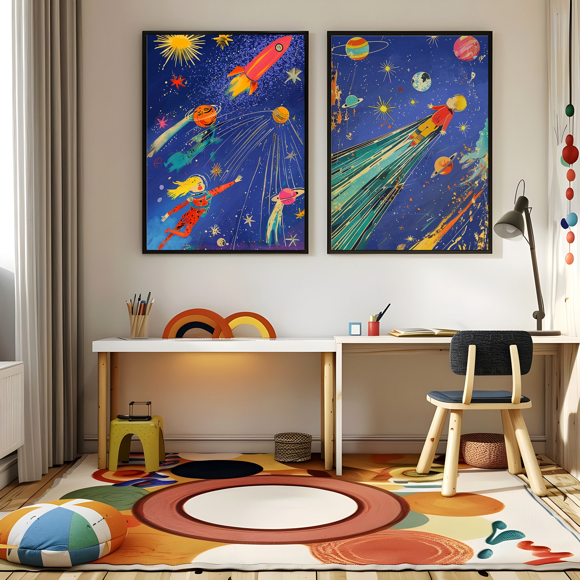 Flying Through Space Print for Girl, Space Travel With Planets Stars ...
